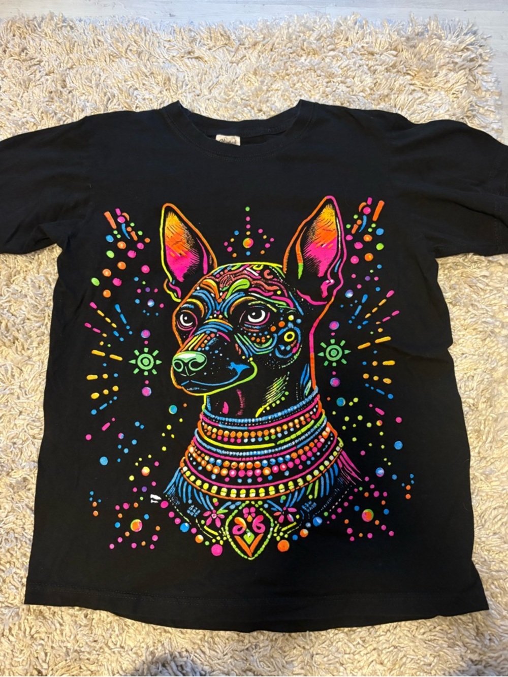 Greyscale back/Neon front Xolo(Mexican dog breed) Graphic T-shirt, size small
